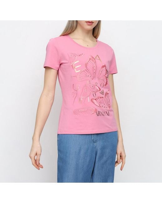EA7 Pink Item O-Neck Short-Sleeved T-Shirt