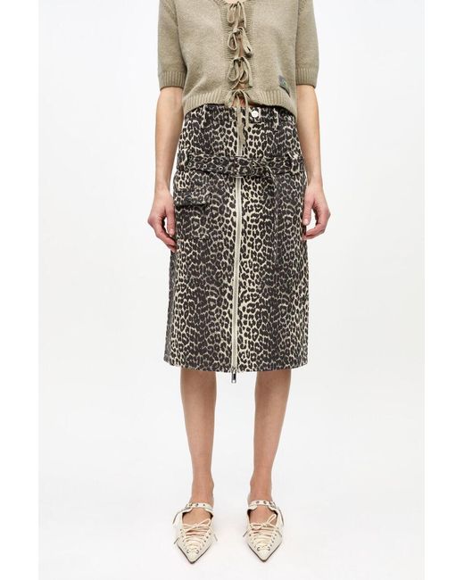 Ganni Multicolor Leopard Cotton Tweed Midi Skirt