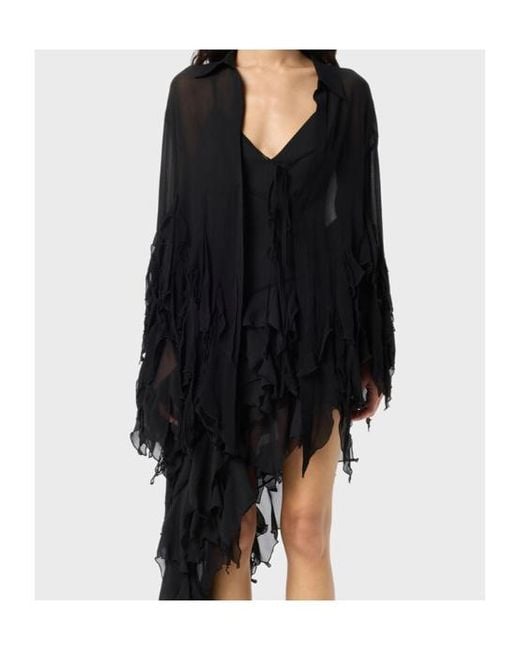 Blumarine Black Sheer Ruffled Tie-Front Top