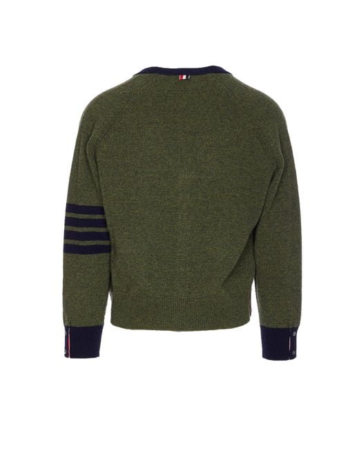 Thom Browne Green 4 Bar Striped V-Neck Cardigan for men