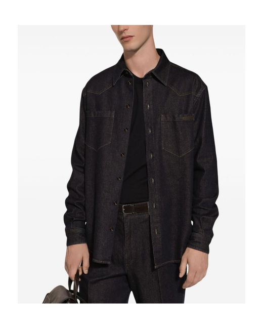 Dolce & Gabbana Black Logo Patch Denim Shirt for men