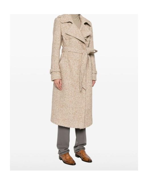 Tagliatore Natural Belted Herringbone-Pattern Coat