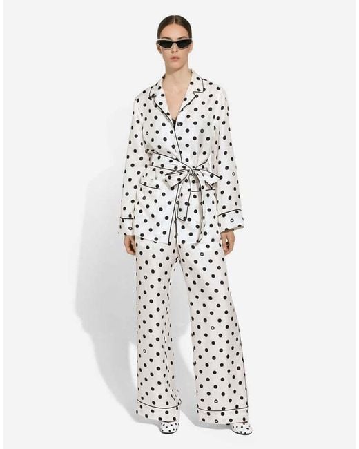 Dolce & Gabbana White Silk Polka-Dot Print Shirt