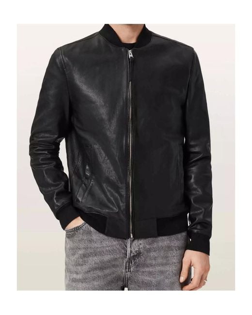 AllSaints Black Zip-Up Leather Bomber Jacket for men