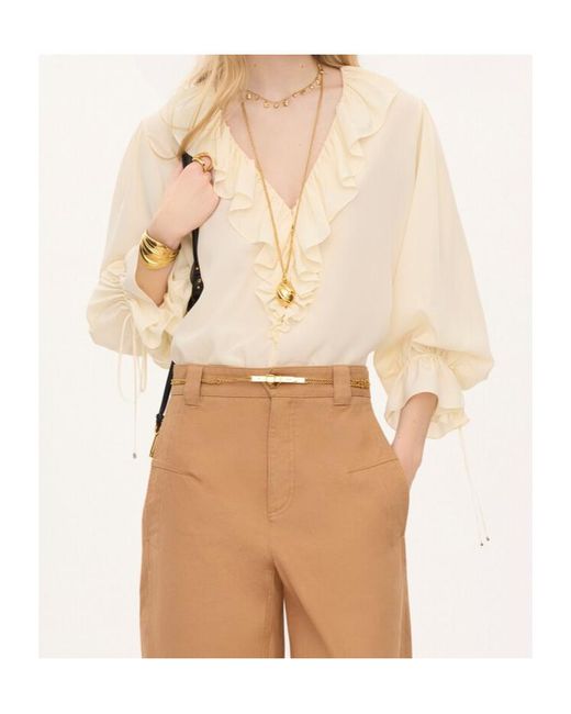 Chloé Natural Chloé Ruffled V-Neck High-Low Top