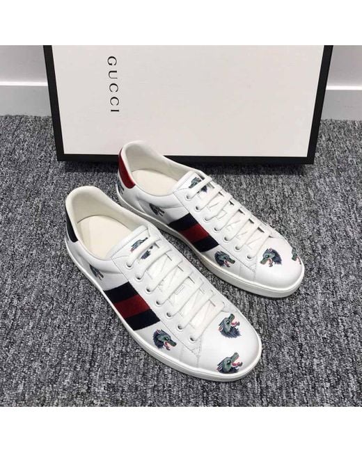 Gucci White Ace Wolf Printed Skate Shoes for men