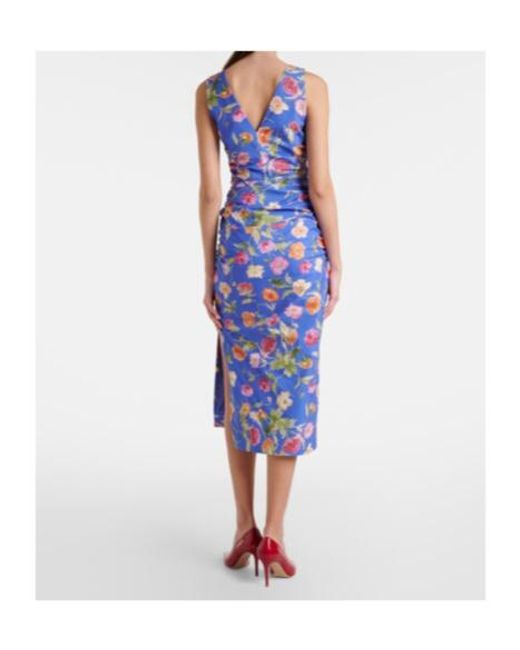 Carolina Herrera Blue Floral Gathered Cotton-Blend Midi Dress