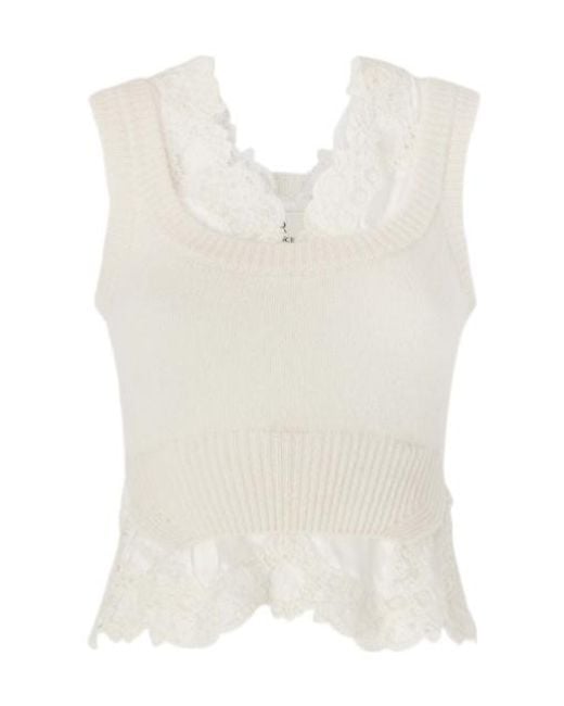 Ermanno Scervino White Layer-Effect Cashmere Top With Lace Details