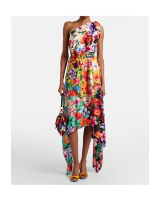 Dolce & Gabbana White Floral One-Shoulder Silk Midi Dress