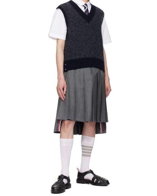 Thom Browne Blue 4-Bar Textured-Knit Vest for men