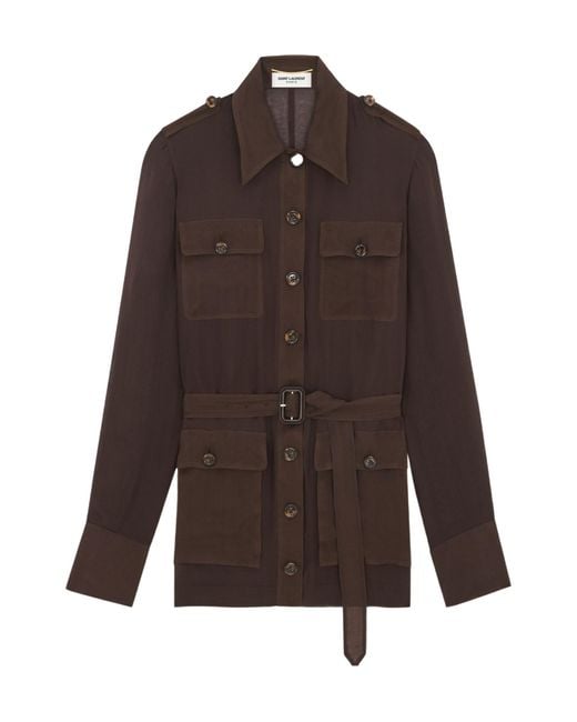 Saint Laurent Brown Saharienne Belted Long-Sleeved Dress