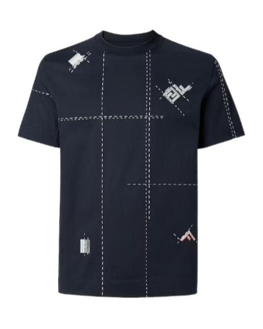 Fendi Blue Contrast-Stitch T-Shirt for men
