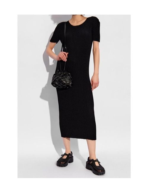 Issey Miyake Black Seersucker Short-Sleeve Midi Dress