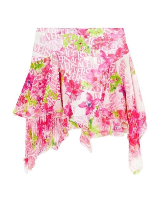 Versace Pink Asymmetric Ruffled Printed Silk-Crepe And Georgette Skirt