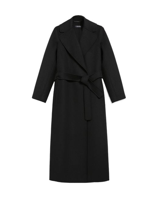 Max Mara Black Hand-Sewn Double-Drape Pure Wool Belted Jacket With Lapel Collar & Silk-Lined Sleeves
