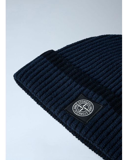 Stone Island Blue Compass Patch Beanie for men
