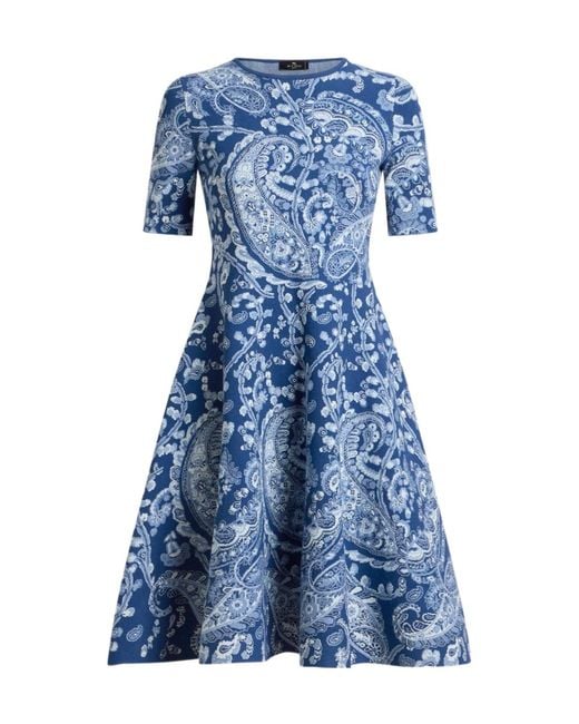 Etro Blue Jacquard Knee-Length Dress With Floral Paisley Motif