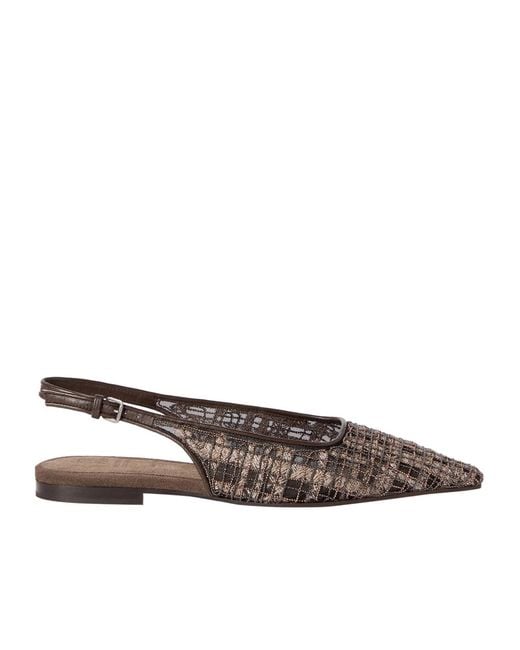 Brunello Cucinelli Brown Precious Check Embroidery Slingback Flats