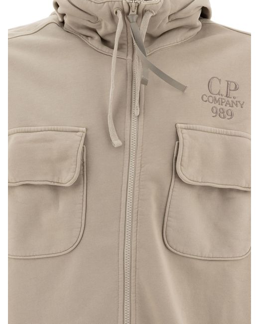 C P Company Gray Brushed And Emerized Diagonal Fleece Hooded Utility Sweatshirt for men