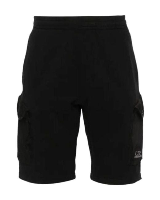 C P Company Black Embroidered-Logo Cotton Track Shorts for men