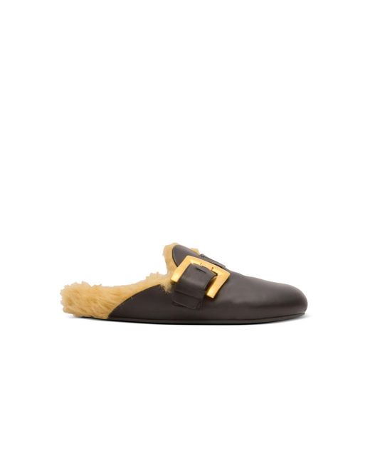Balmain Black Flat Leather And Faux Fur Mules