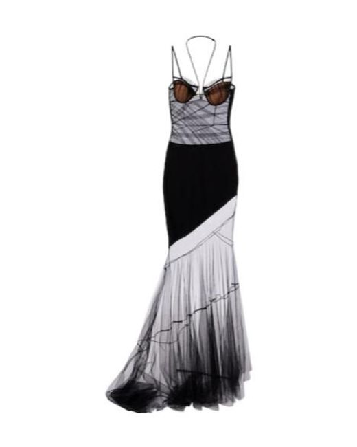 Nensi Dojaka Black Asymmetric Draped Sheer Maxi Dress