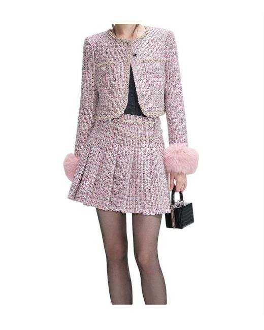 Self-Portrait Pink Boucle Fur Cuff Jacket