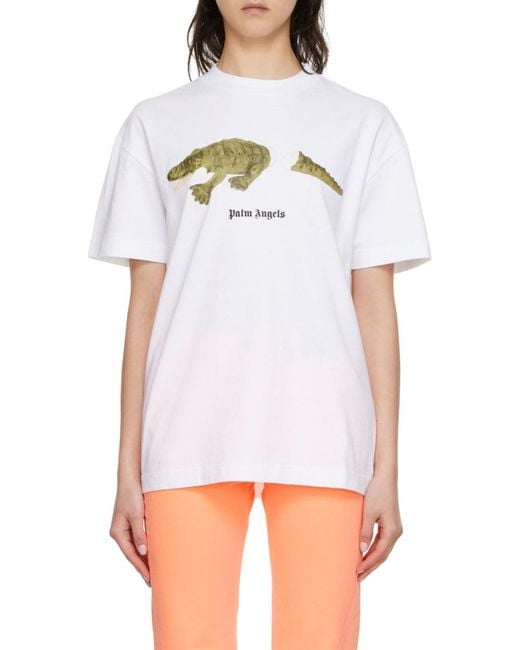 Palm Angels Gray Crocodile-Print Cotton T-Shirt for men