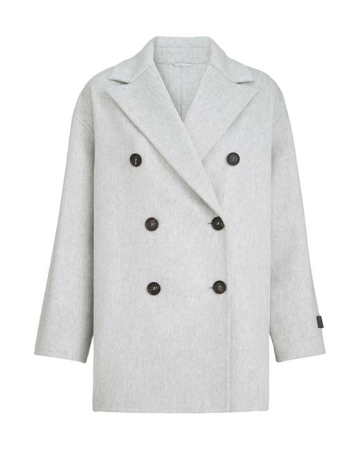 Brunello Cucinelli Gray Cashmere Double Beaver Cloth Pea Coat With Precious Patch