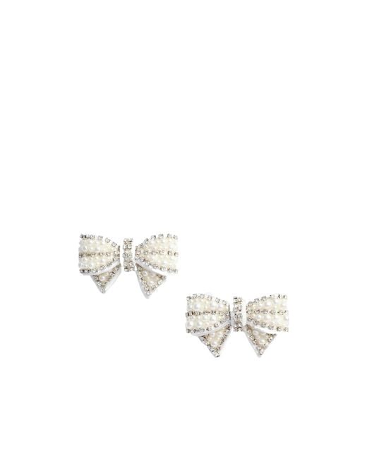 Self-Portrait White Embellished Satin Bow Earrings