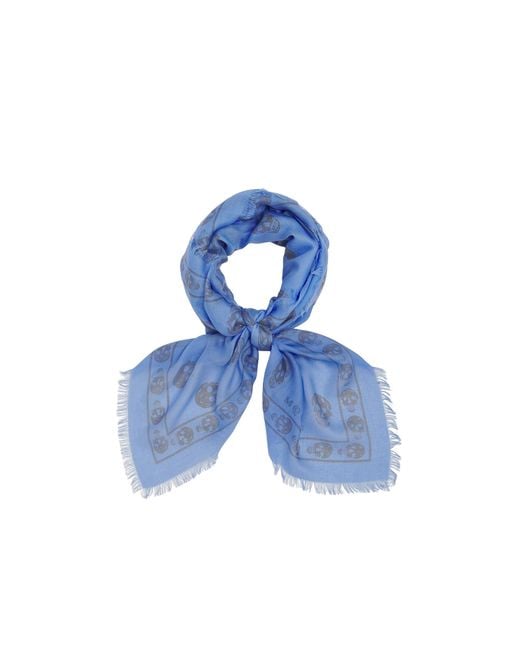 McQueen Blue Classic Skull Printed Frayed-Edeg Scarf for men