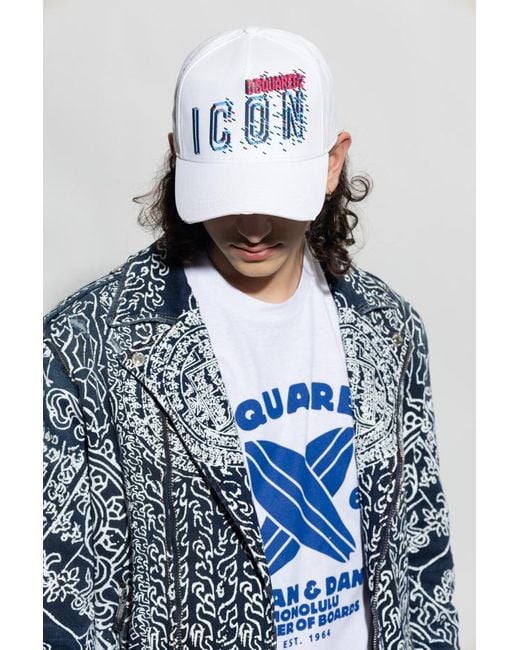 DSquared² White Logo Graphic Printed Baseball Cap for men