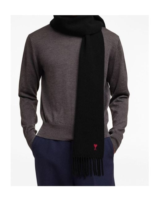 AMI Black Ami De Coeur Knitted Scarf for men