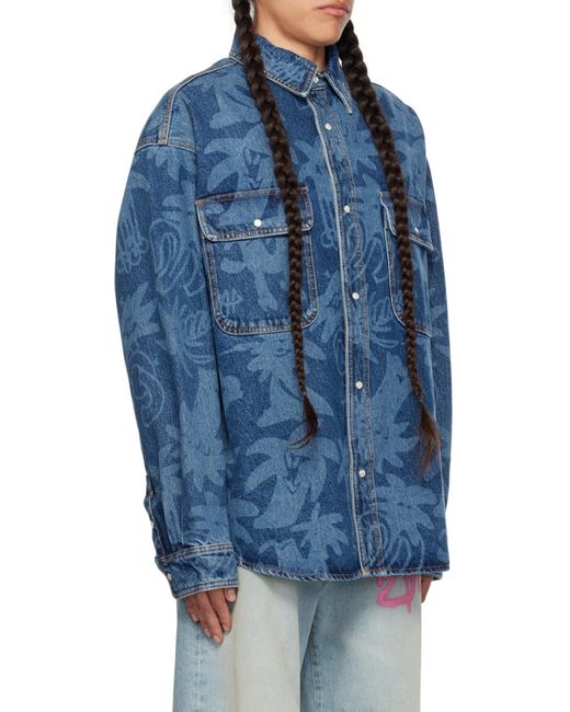 Palm Angels Blue Palmity Overshirt In Denim With Laser Print All-over for men