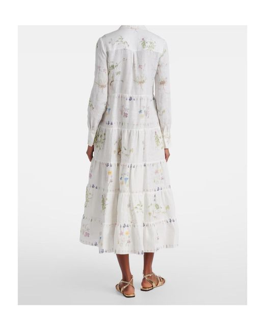 Erdem White Floral Printed Tiered Linen Shirt Dress