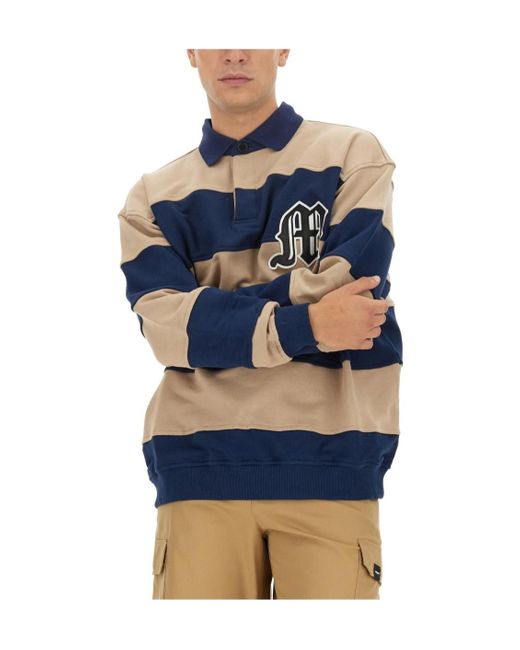 MSGM Blue Logo-Patch Striped Long Sleeved Polo Sweatshirt for men