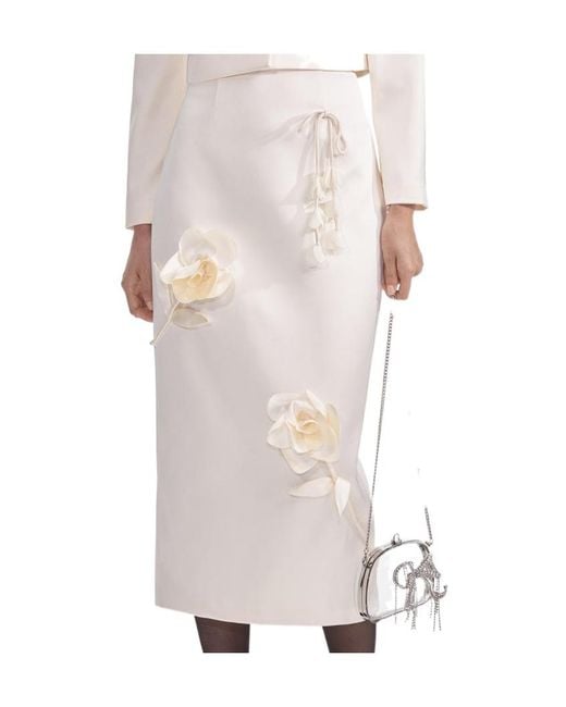 Self-Portrait White 3D Flower Satin Midi Skirt