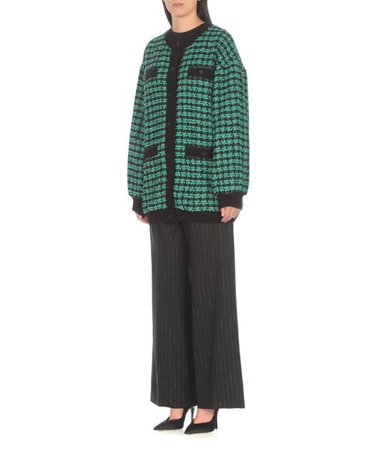 MSGM Green Houndstooth-Pattern Tweed Cardi-Coat
