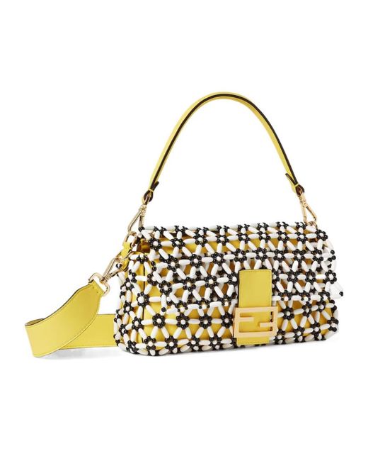 Fendi Metallic Baguette Beaded-Flowers Shoulder Bag