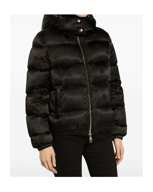 Dolce & Gabbana Black Padded Satin Jacquard Down Jacket With All-Over Dg Logo