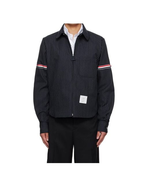 Thom Browne Black Pinstriped Zip-Up Shirt for men