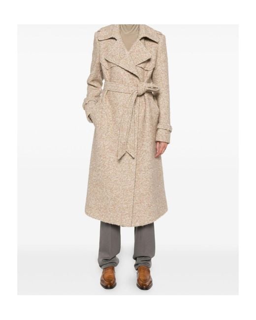 Tagliatore Natural Belted Herringbone-Pattern Coat