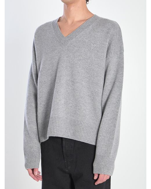 AMI Gray V-Neck Ribbed Sweater With Embroidered Logo for men