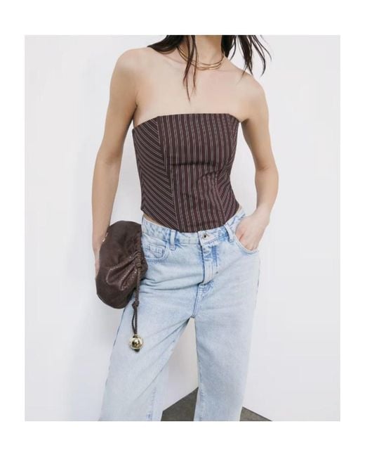 Patrizia Pepe Brown Shirred Pinstripe Bustier Top
