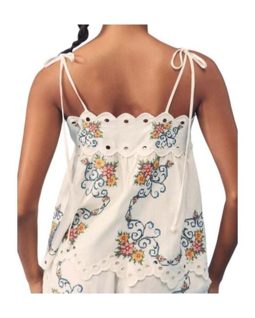 Farm Rio White Floral-Embroidered Scalloped Top