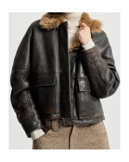 Brunello Cucinelli Gray Shearling Aviator Jacket With Monili