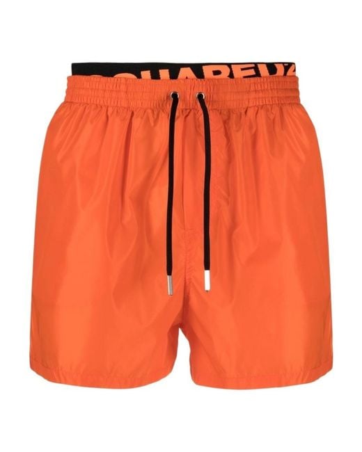DSquared² Orange Double Logo-Waist Swim Shorts for men