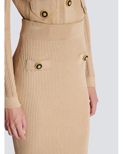 Balmain Natural Button Detailed Ribbed Pencil Skirt