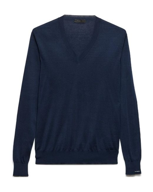Prada Blue Long-Sleeved V-Neck Jumper for men