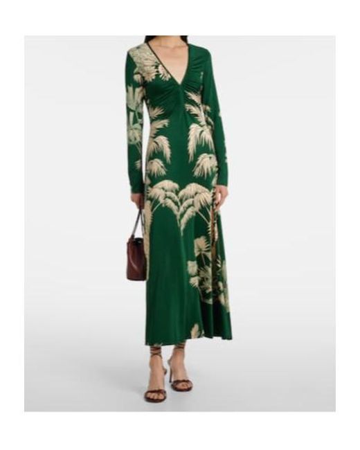 Johanna Ortiz Green Printed Ruched Jersey Midi Dress